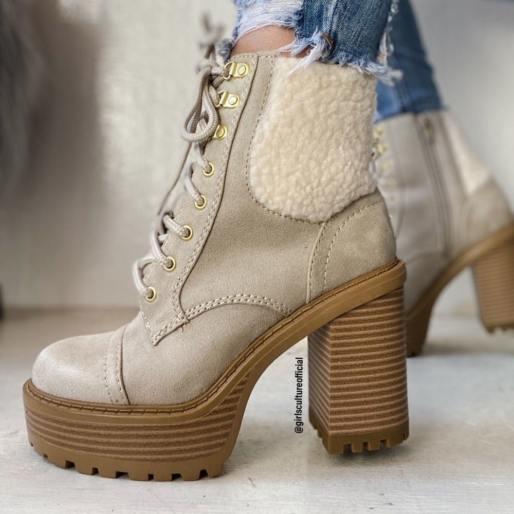 Beige Faux Fur Motorcycle Platform Booties